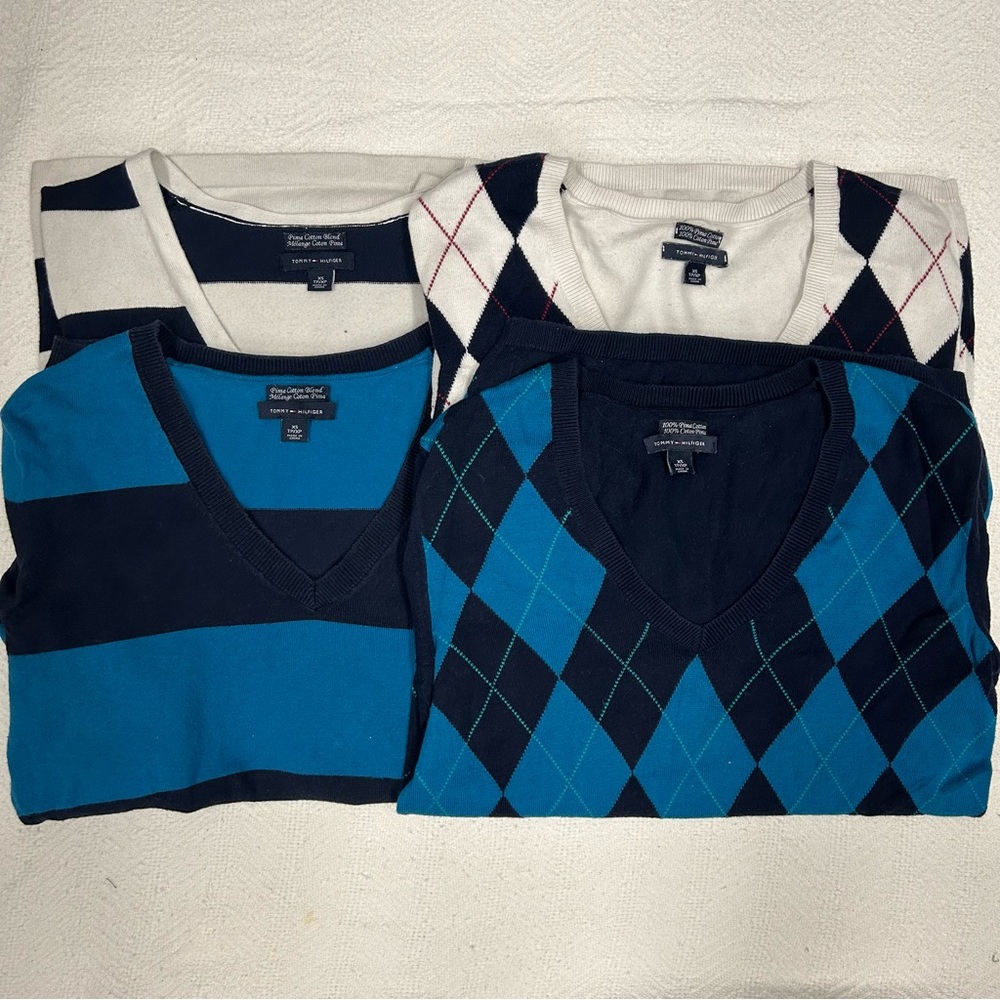 Four XS Fitted Argyle + Striped Tommy Hilfiger Sweater (Lot/Bundle)